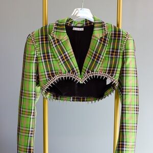 AREA Green and Black Cropped Blazer